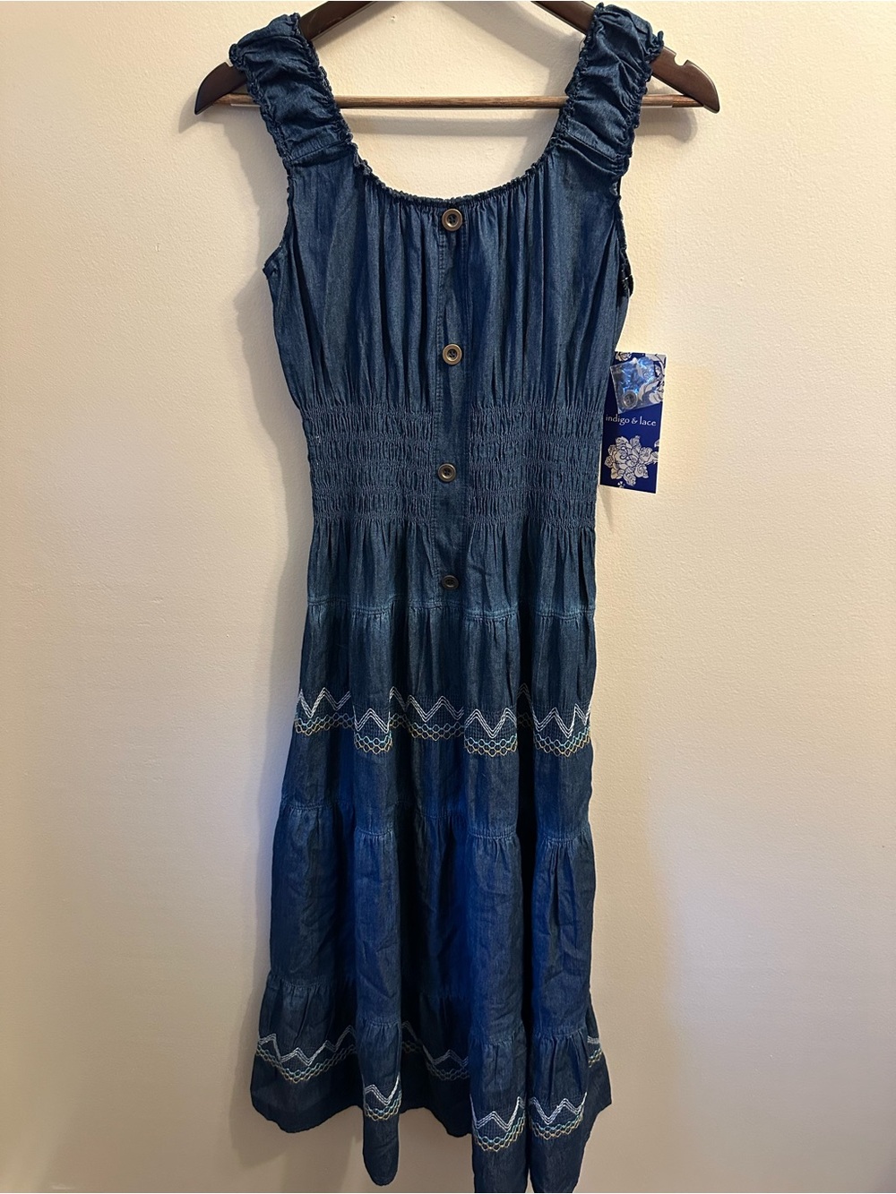 #323 Smocked Indigo Maxi Dress with Button Front